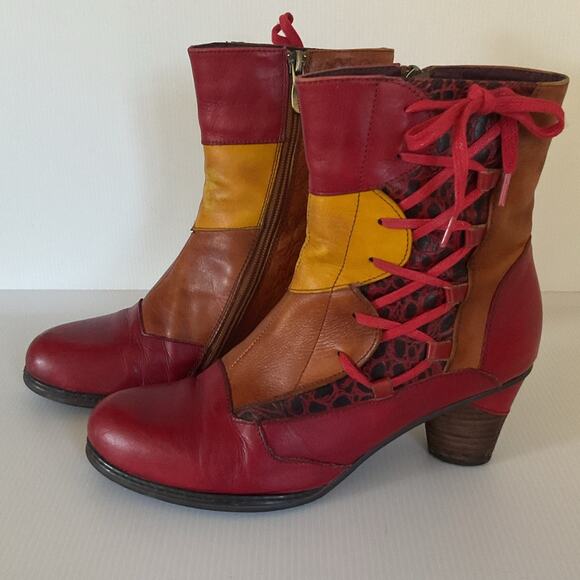 Vintage Laura Vita Bohemian Patchwork Leather Ankle Boots Women’s 8.5 Chunky - Picture 2 of 14